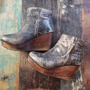 Bed Stu Studded Leather Wooden Wedge Booties